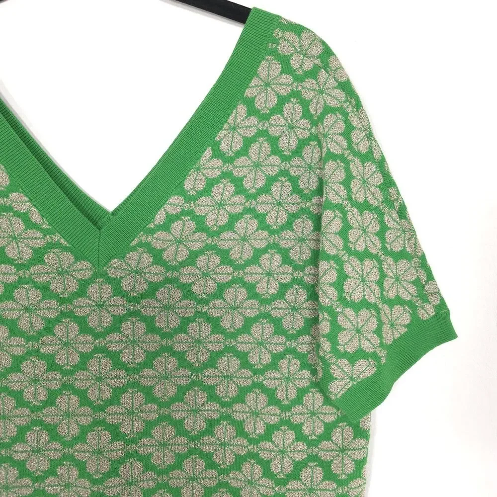 KATE SPADE Green Clover Metallic Sweater‎ Top Blouse V Neck MEDIUM NJMU A608